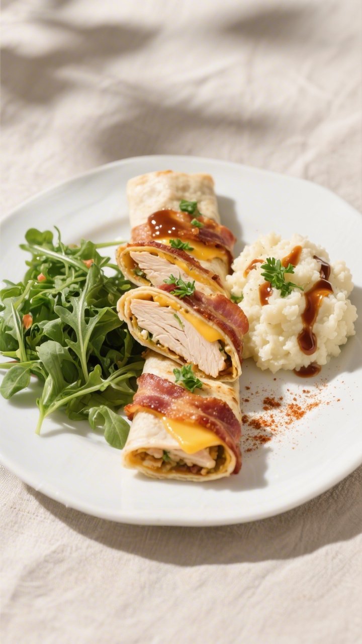 Final plated dish: Restaurant-quality presentation of Keto Chicken Bacon Wraps sliced on the bias to