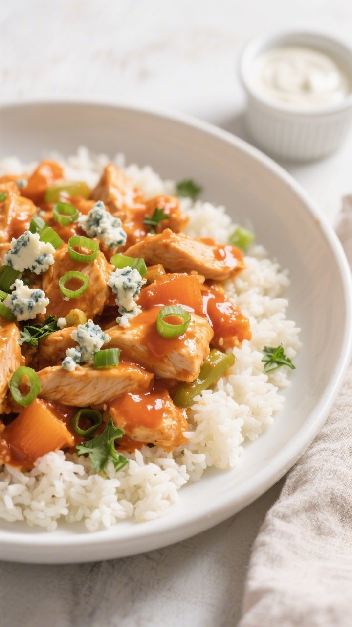 Final plated dish, restaurant-quality presentation: Keto Chicken Buffalo Skillet spooned over fluffy