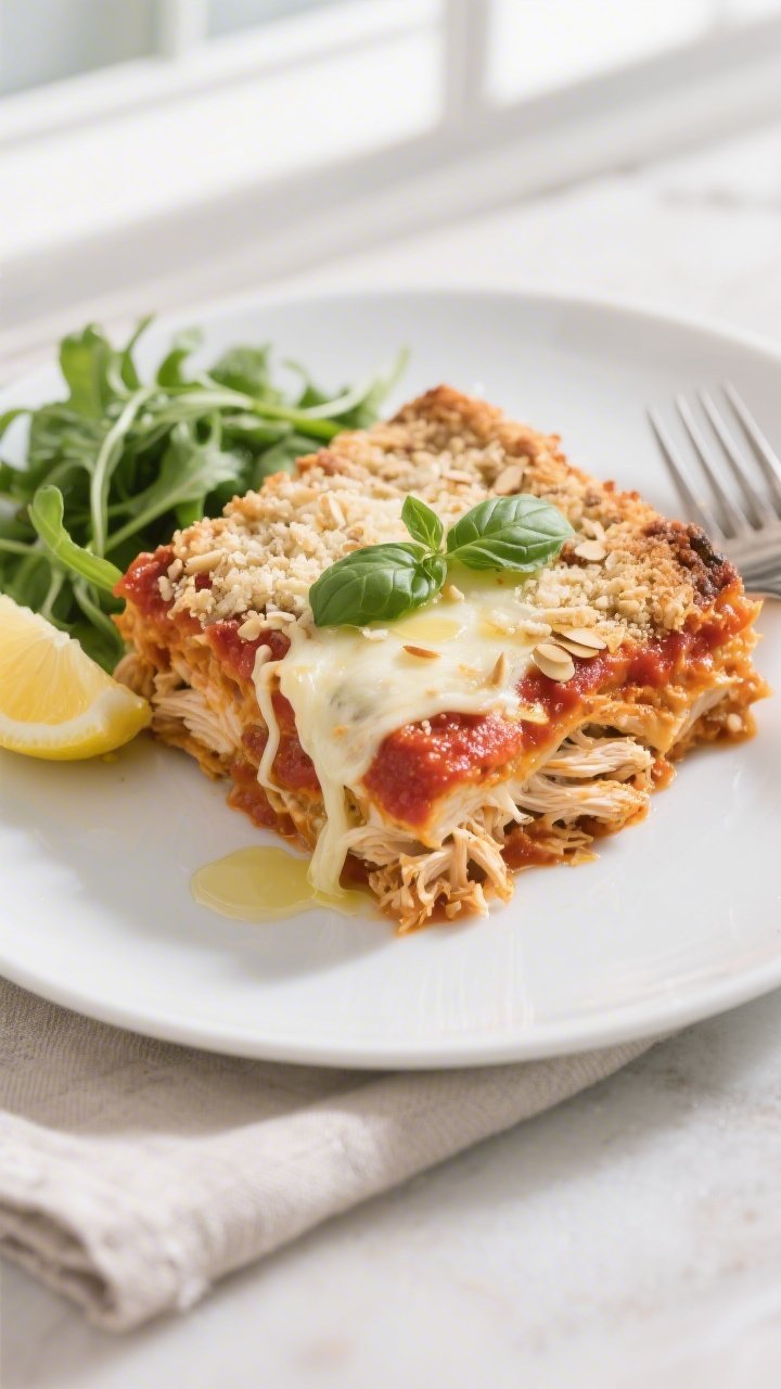 Final plated dish: Restaurant-quality presentation of a generous square of Keto Chicken Parmesan Cas
