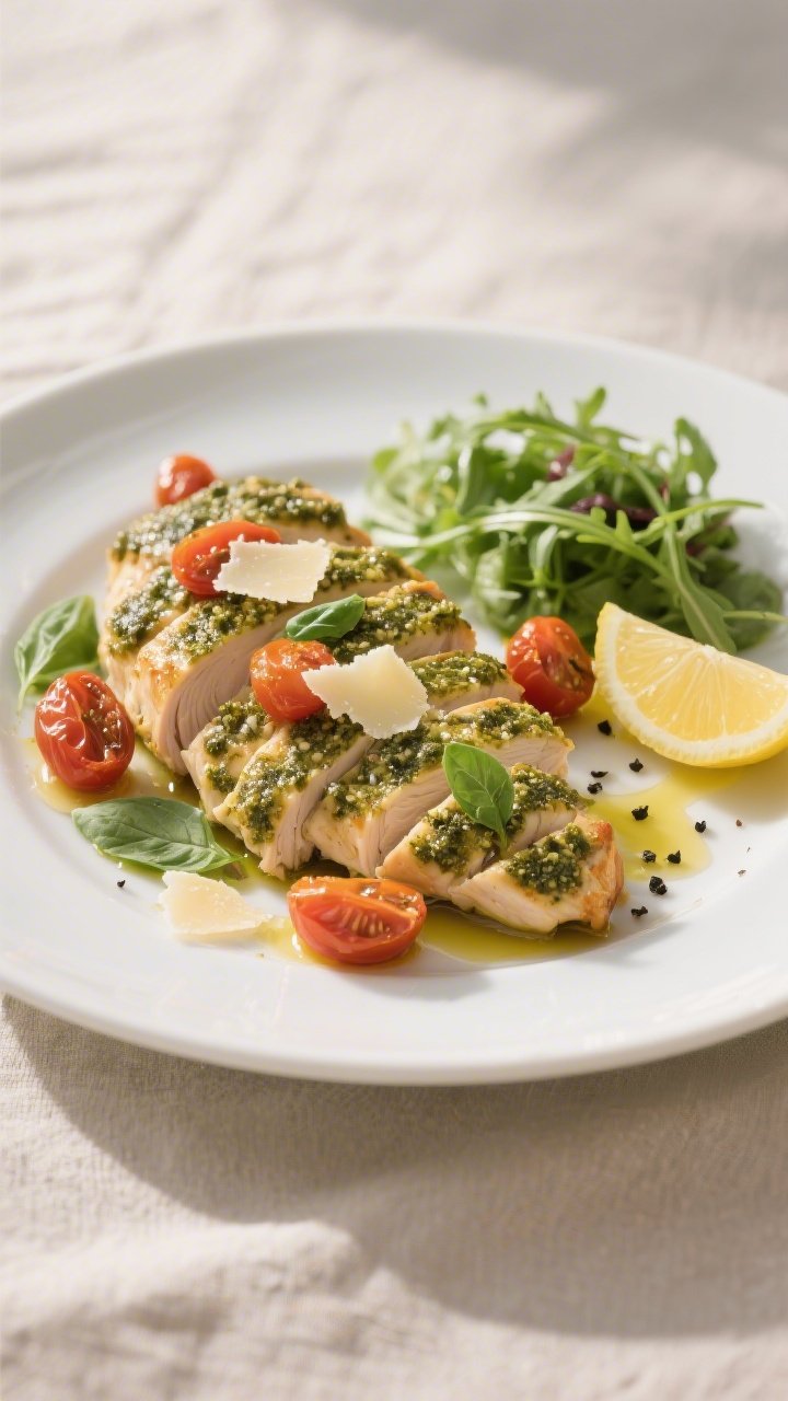 Final plated dish: Restaurant-quality presentation of sliced baked keto pesto chicken fanned on a wi