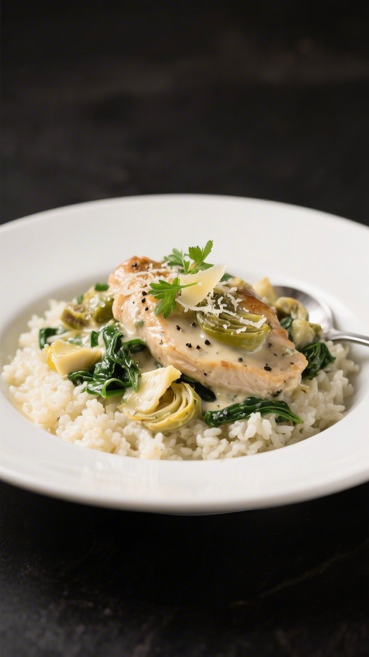 Final plated dish, restaurant style: Beautifully plated serving of Keto Chicken Spinach Artichoke Sk