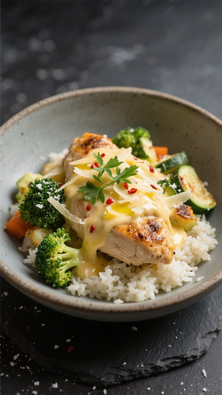 Final plated dish, restaurant-style: Beautifully plated bowl of creamy keto chicken and veggies serv