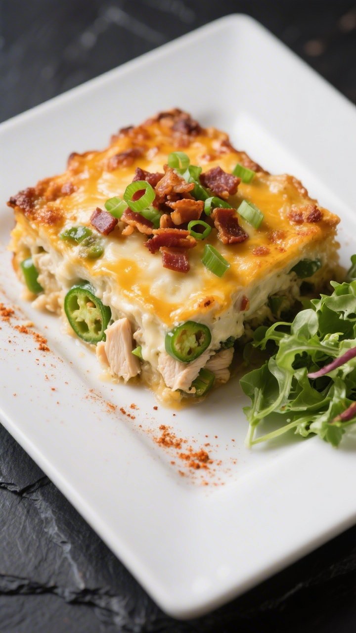 Final plated dish: Restaurant-style presentation of a generous square of Keto Chicken Jalapeño Popp