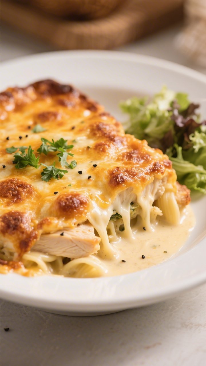 Final plated hero shot: Beautifully baked Keto Chicken Alfredo Bake served in a wide, shallow white 