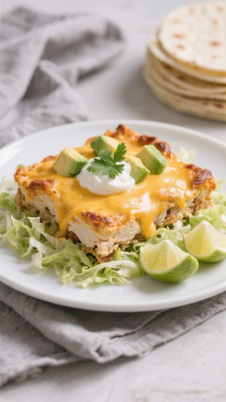 Final plated hero shot: Beautifully plated Keto Chicken Taco Bake on a white rimmed plate over a bed