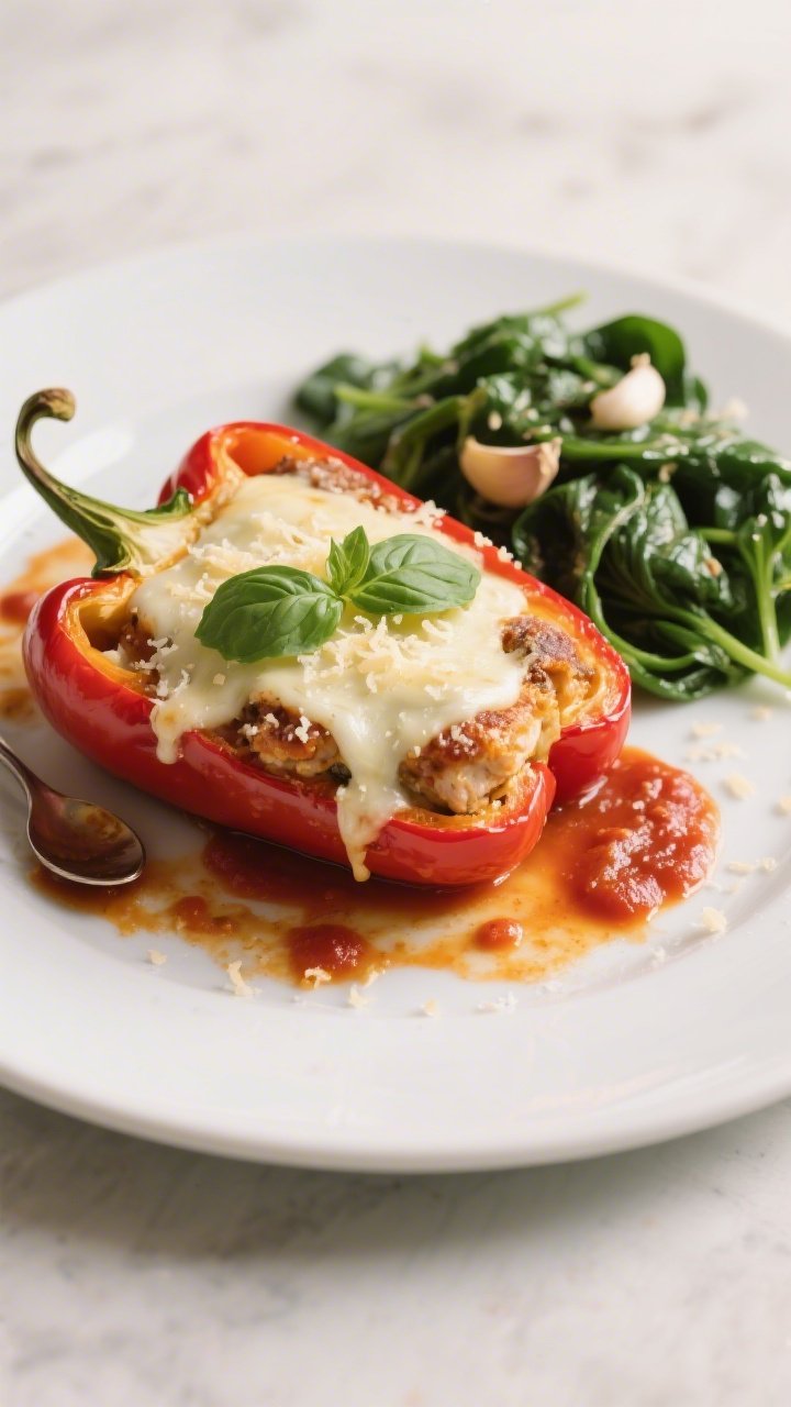 Final plated hero shot: Restaurant-quality presentation of a finished Keto Chicken Parmesan Stuffed 