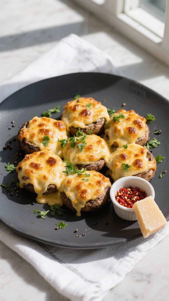 Final plated overhead: Golden, bubbly Keto Chicken Alfredo Stuffed Mushrooms arranged on a matte cha
