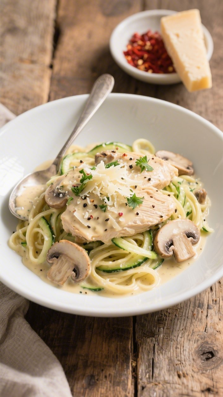 Final plated, overhead: Keto Chicken Mushroom Alfredo spooned generously over lightly sautéed zucch