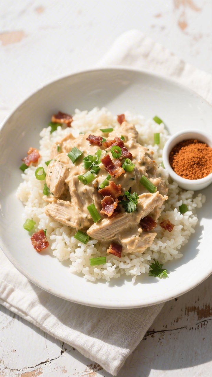Final plated, overhead: Overhead top-down shot of Creamy Keto Crack Chicken generously spooned over 