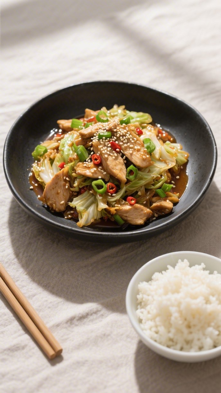 Final plated overhead: Restaurant-quality top-down shot of the finished Keto Chicken Cabbage Stir Fr