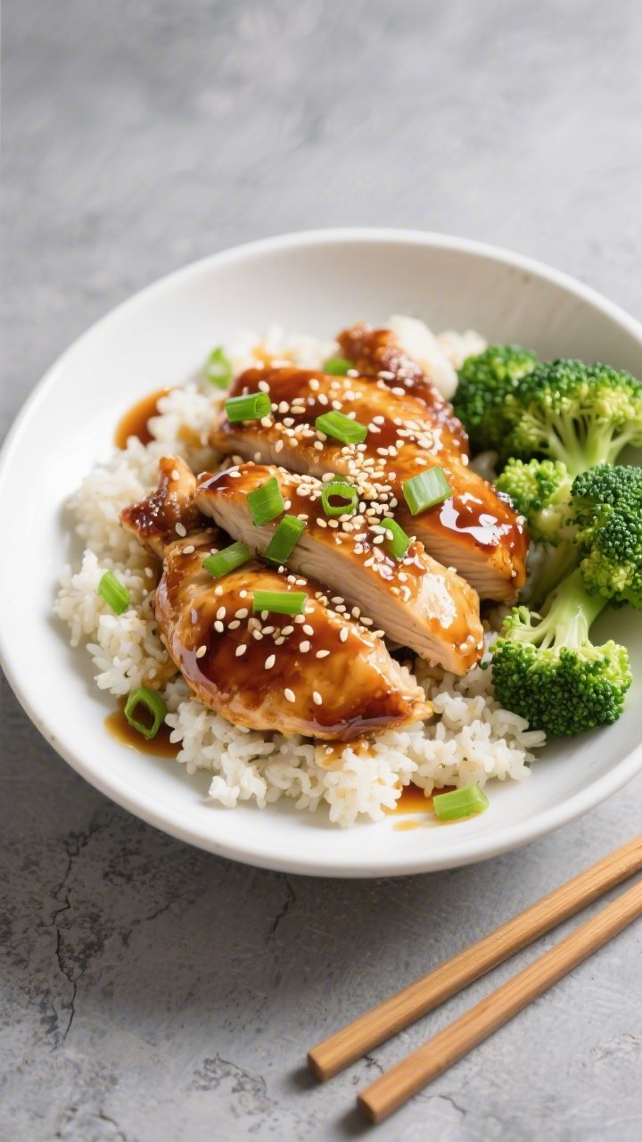 Final plated overhead shot: Keto Honey Garlic Chicken served over fluffy cauliflower rice in a wide 