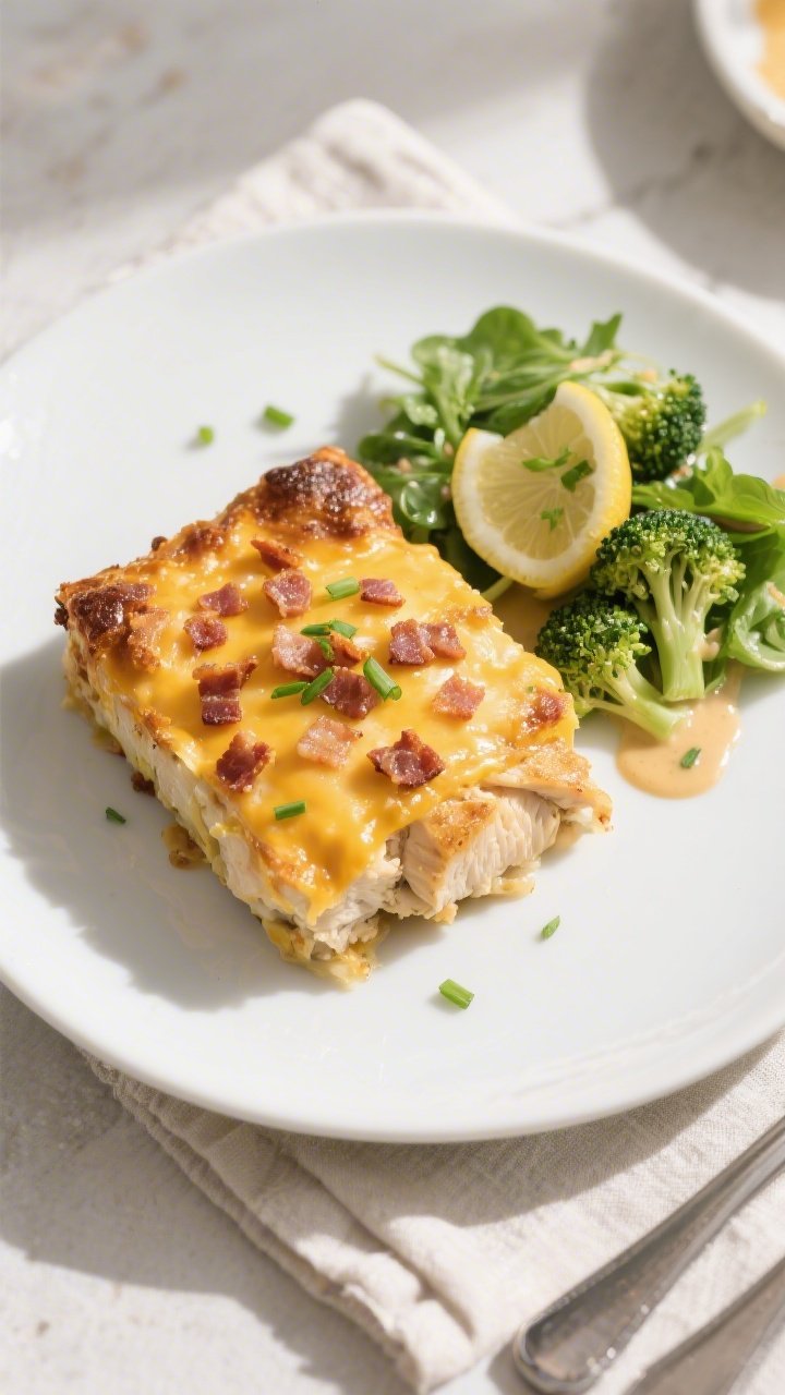 Final plated, overhead: Tasty top-down shot of a single generous serving of Keto Chicken Cheddar Bak