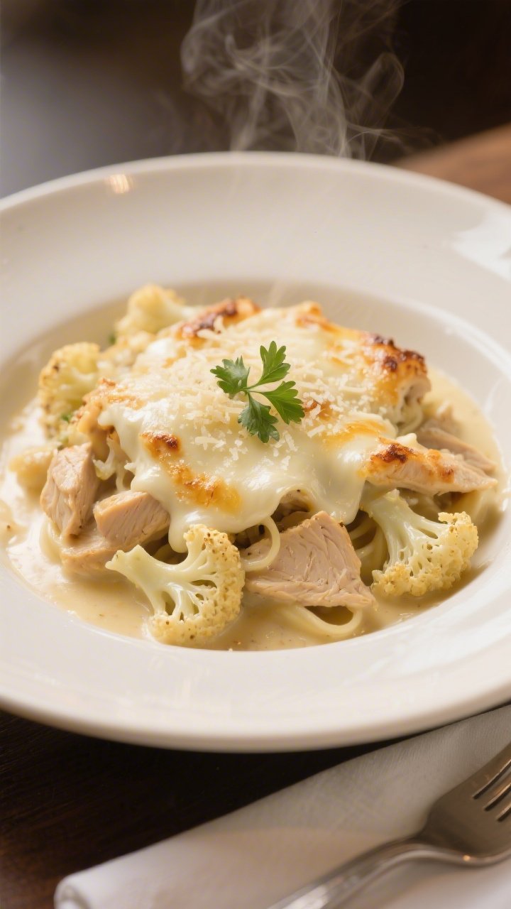 Final plated presentation: A generous scoop of Keto Chicken Cauliflower Alfredo Bake served on a war