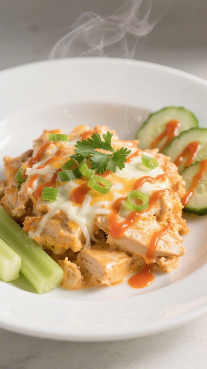 Final plated presentation: a generous scoop of the creamy Keto Chicken Buffalo Ranch Bake served in 