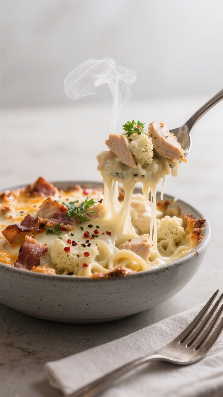 Final plated presentation: A generous spoonful of the Chicken Bacon Alfredo Bake served in a shallow