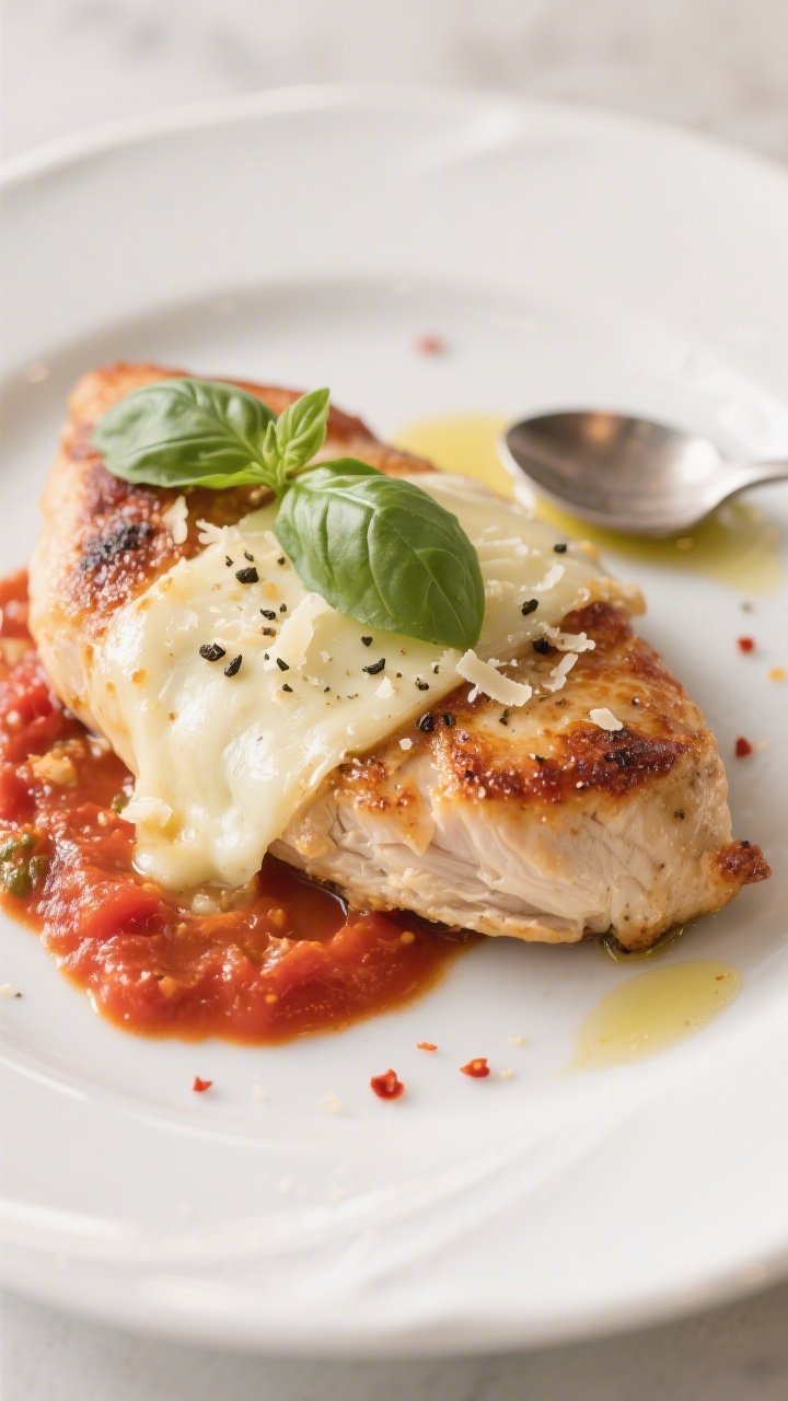 Final plated presentation, close-up detail: Single chicken cutlet plated on a white ceramic plate wi