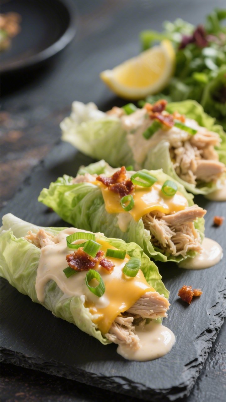 Final plated presentation: Restaurant-quality lettuce wrap trio filled with creamy shredded crack ch