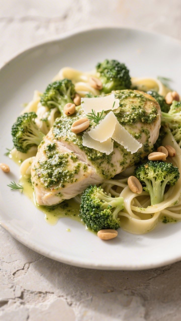 Final plated presentation: Restaurant-quality plate of Keto Chicken Pesto Alfredo over roasted brocc
