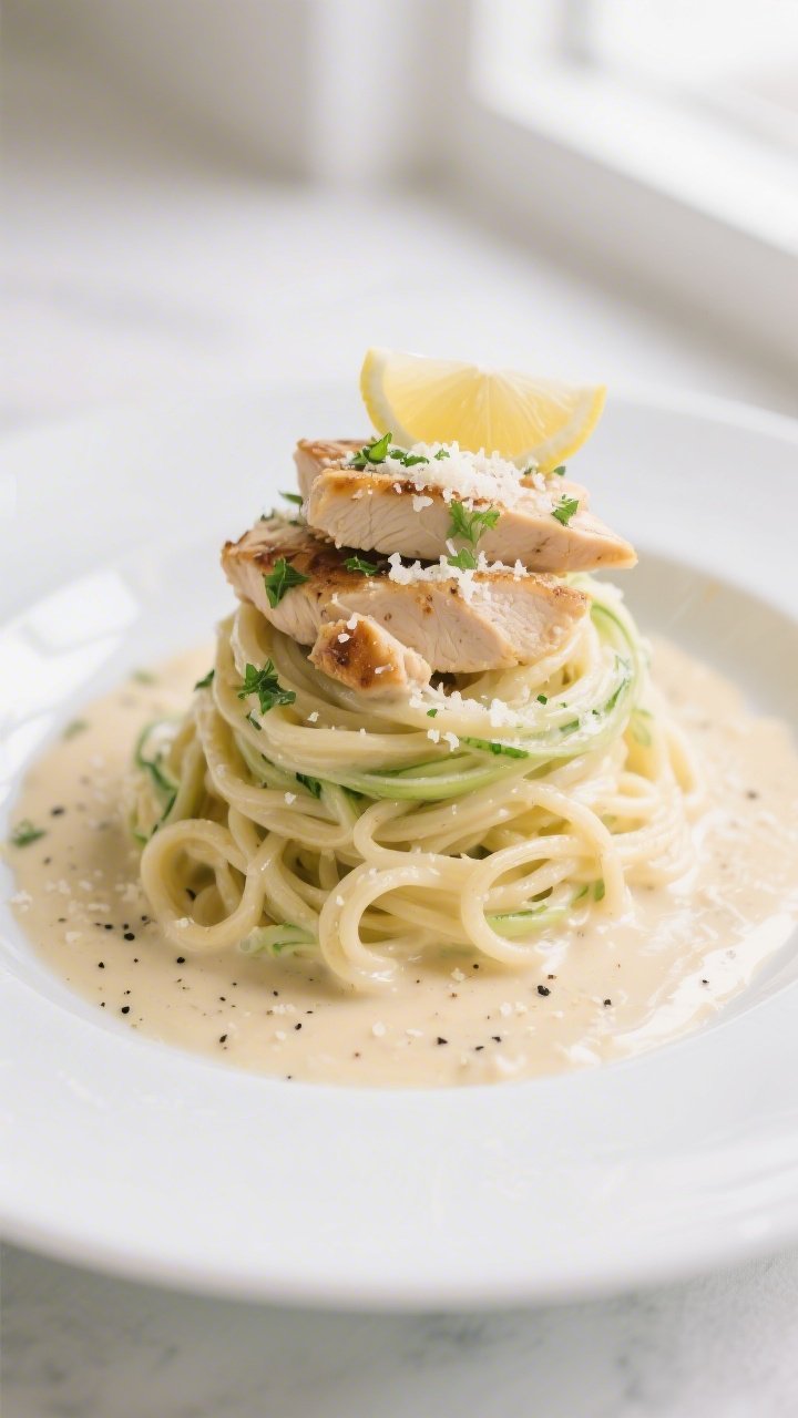 Final plated presentation: Restaurant-quality plating of Keto Chicken Zoodle Alfredo twirled into a 
