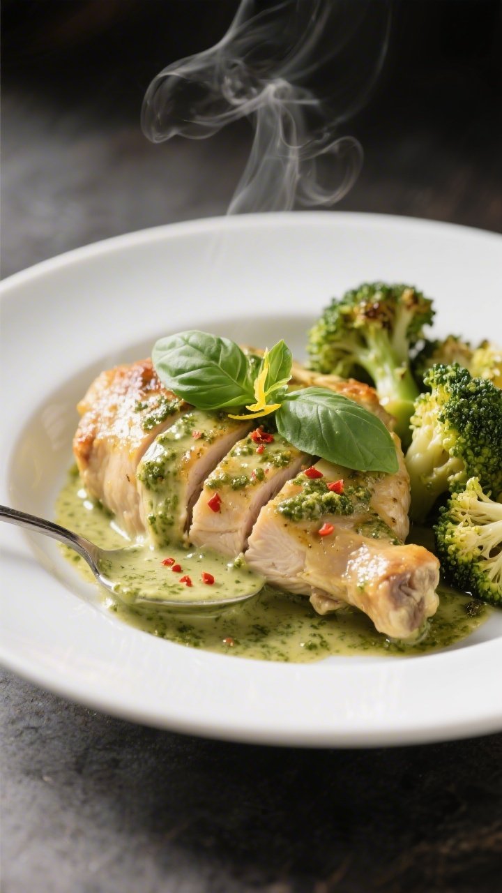 Final plated presentation: Restaurant-quality plating of Keto Chicken Creamy Pesto Bake on a white s