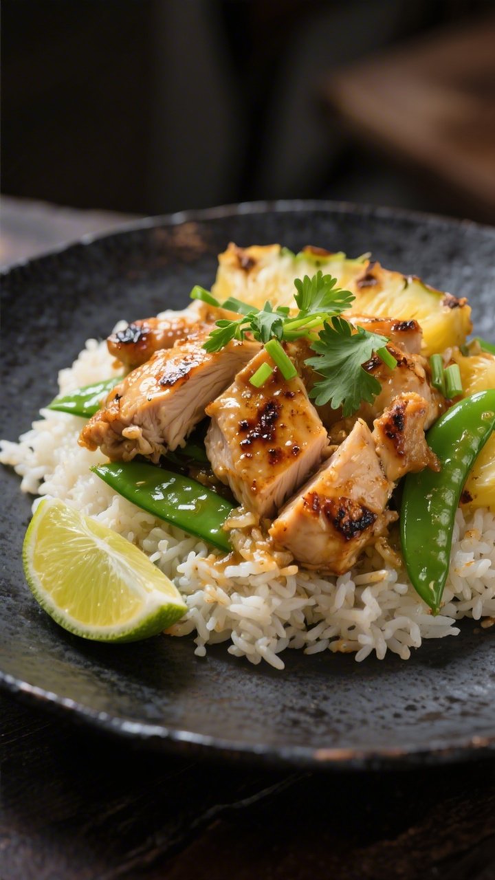 Final plated presentation: Restaurant-quality plating of Hawaiian Chicken over coconut rice on a dar