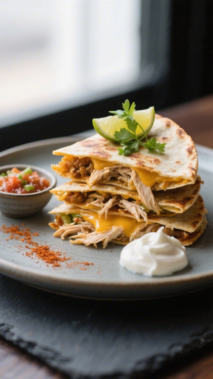 Final plated presentation: Restaurant-quality plate with stacked quesadilla wedges, edges crisp and 