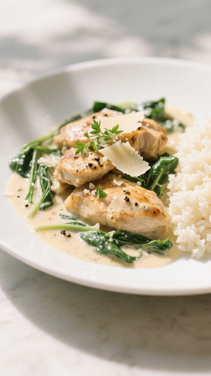 Final plated presentation: Restaurant-quality plating of Keto Chicken Spinach Skillet on a wide, sha