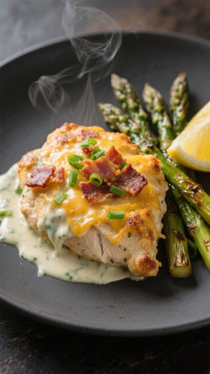 Final plated presentation: Restaurant-quality serving of Keto Chicken Ranch Bacon Bake spooned onto 