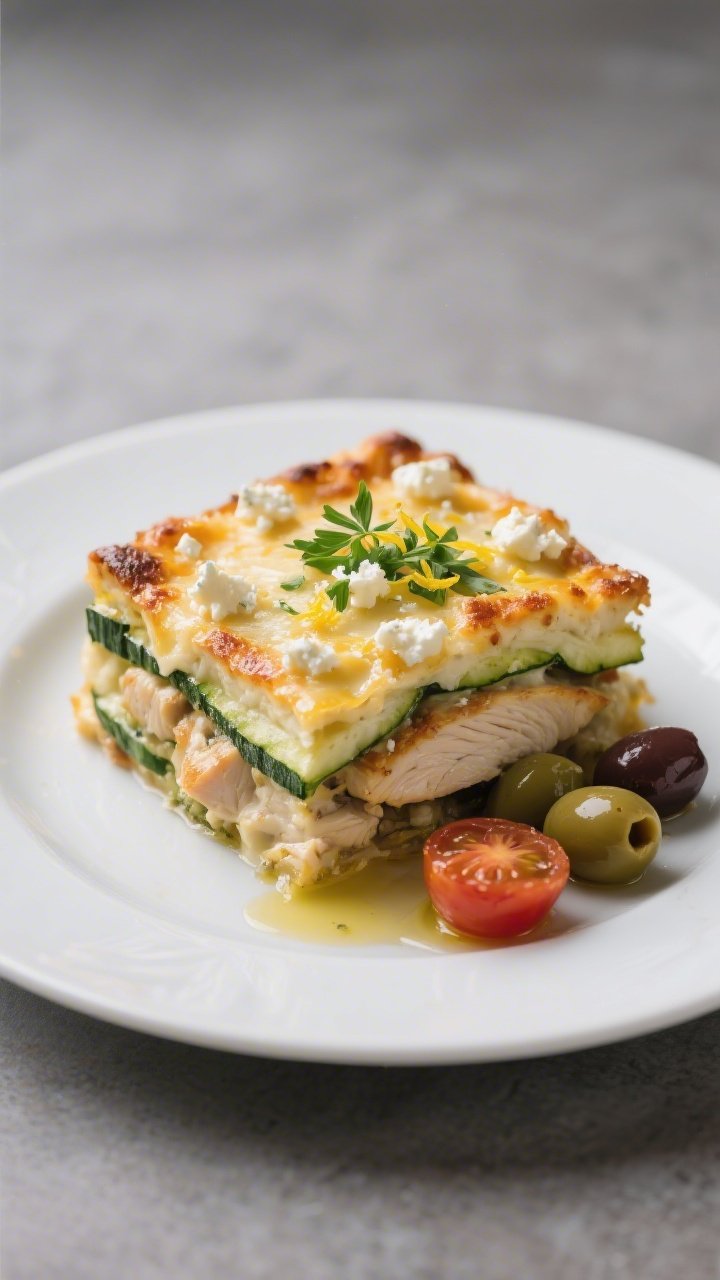 Final plated presentation: Restaurant-quality single serving of Mediterranean Keto Chicken Zucchini 