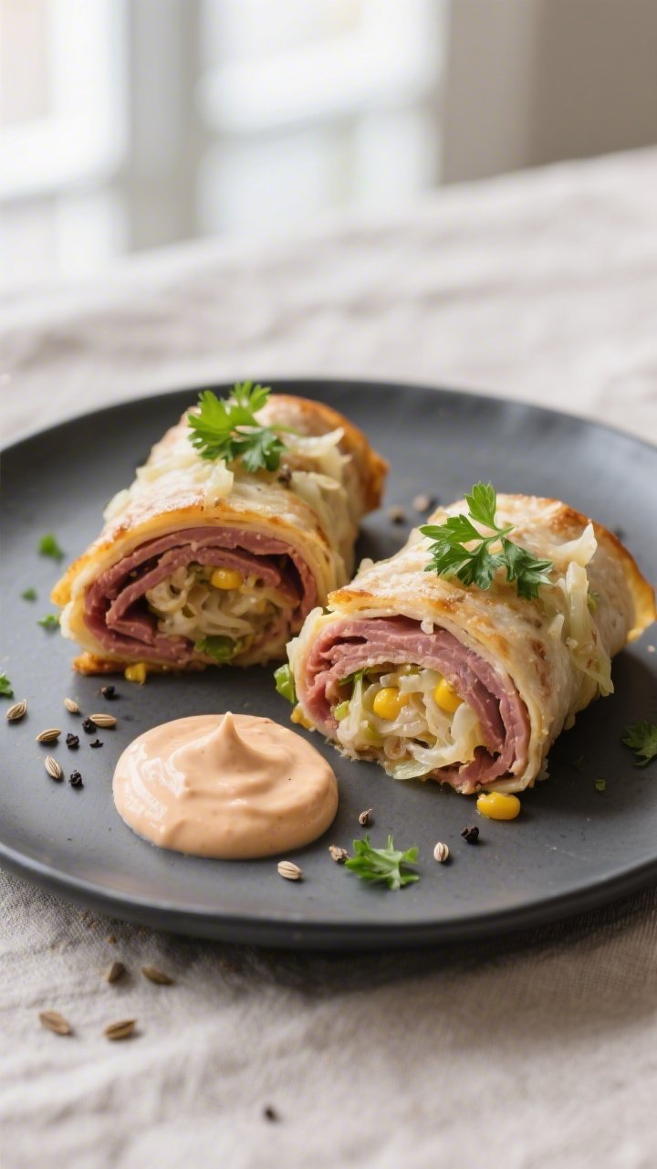 Final plated presentation: Two Keto Cristy Reuben Roll-Ups sliced on a bias to reveal layers of corn