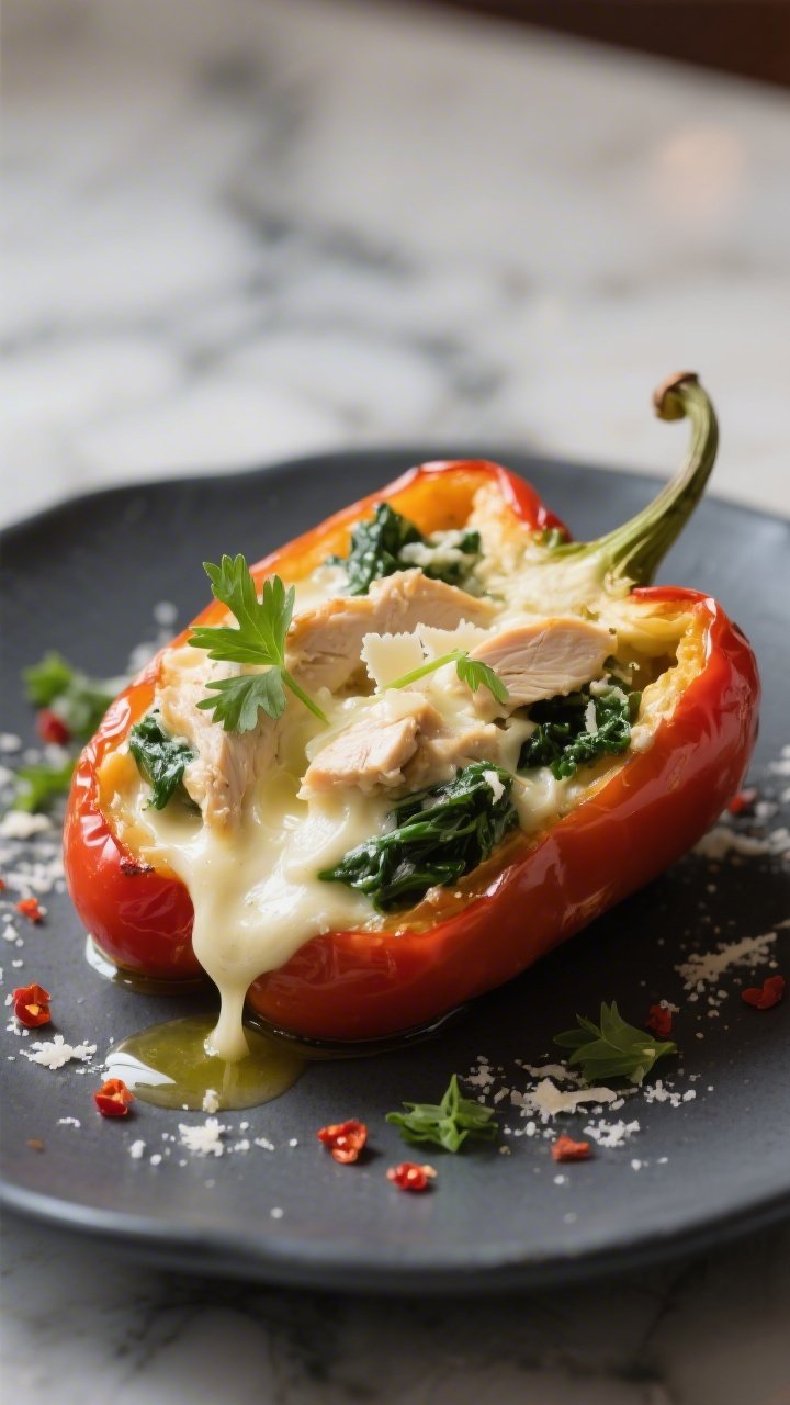 Final plated restaurant-quality presentation: a single stuffed pepper set on a matte charcoal plate,