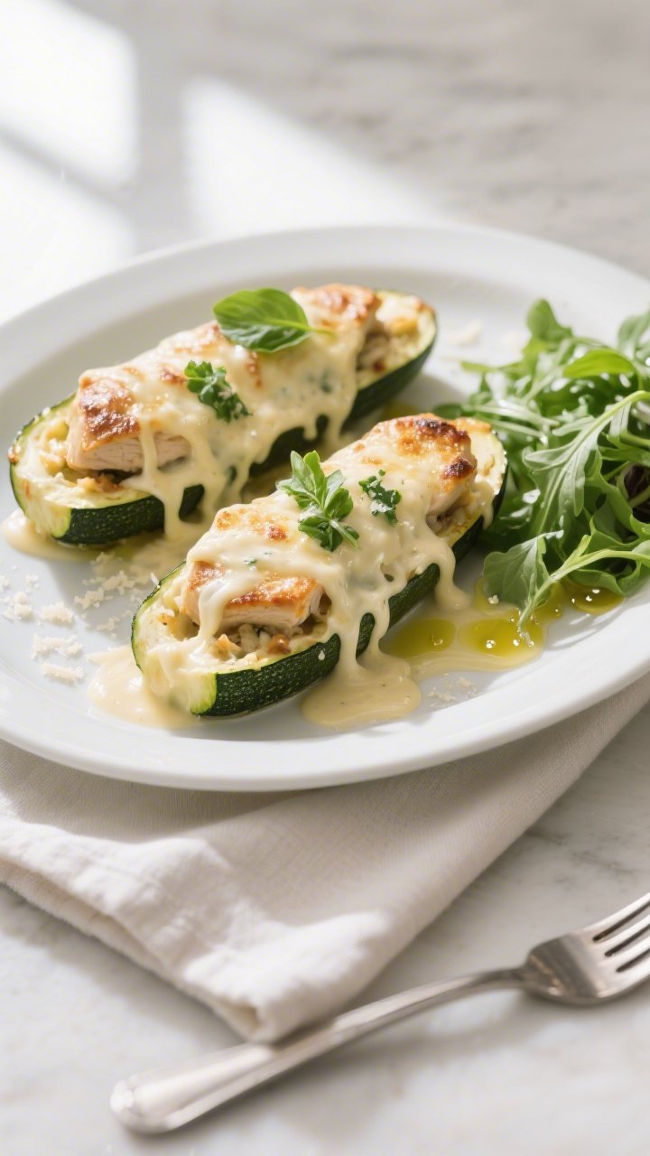 Final plated restaurant-quality presentation: Two Chicken Alfredo Zucchini Boats arranged on a matte