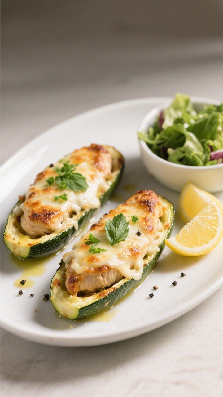Final plated restaurant-quality presentation: two finished keto chicken zucchini boats on a matte wh