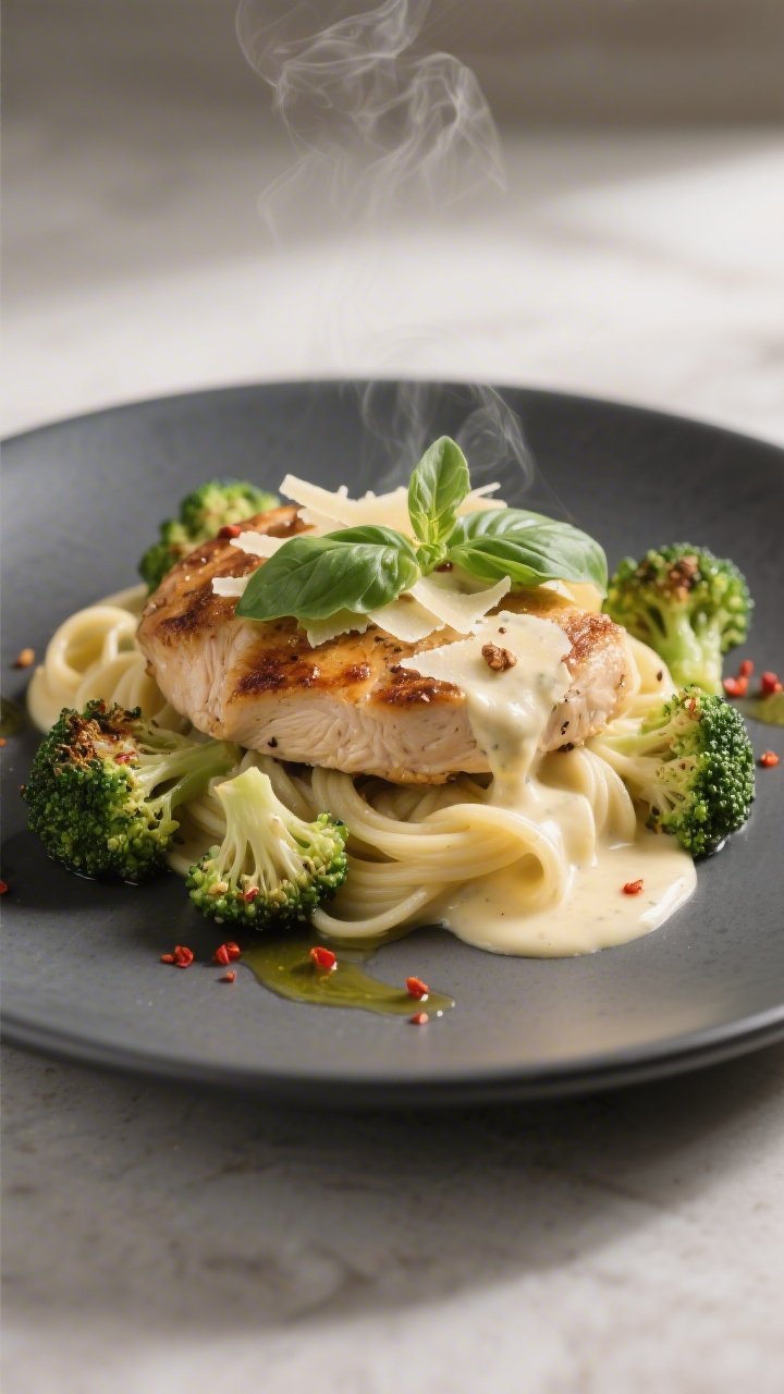 Final plated restaurant-style: Elegantly plated Keto Chicken Alfredo over roasted broccoli florets o