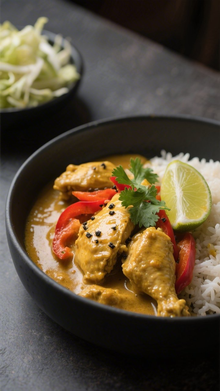 Final plated restaurant-style presentation: Keto Chicken Curry plated without rice in a dark matte b