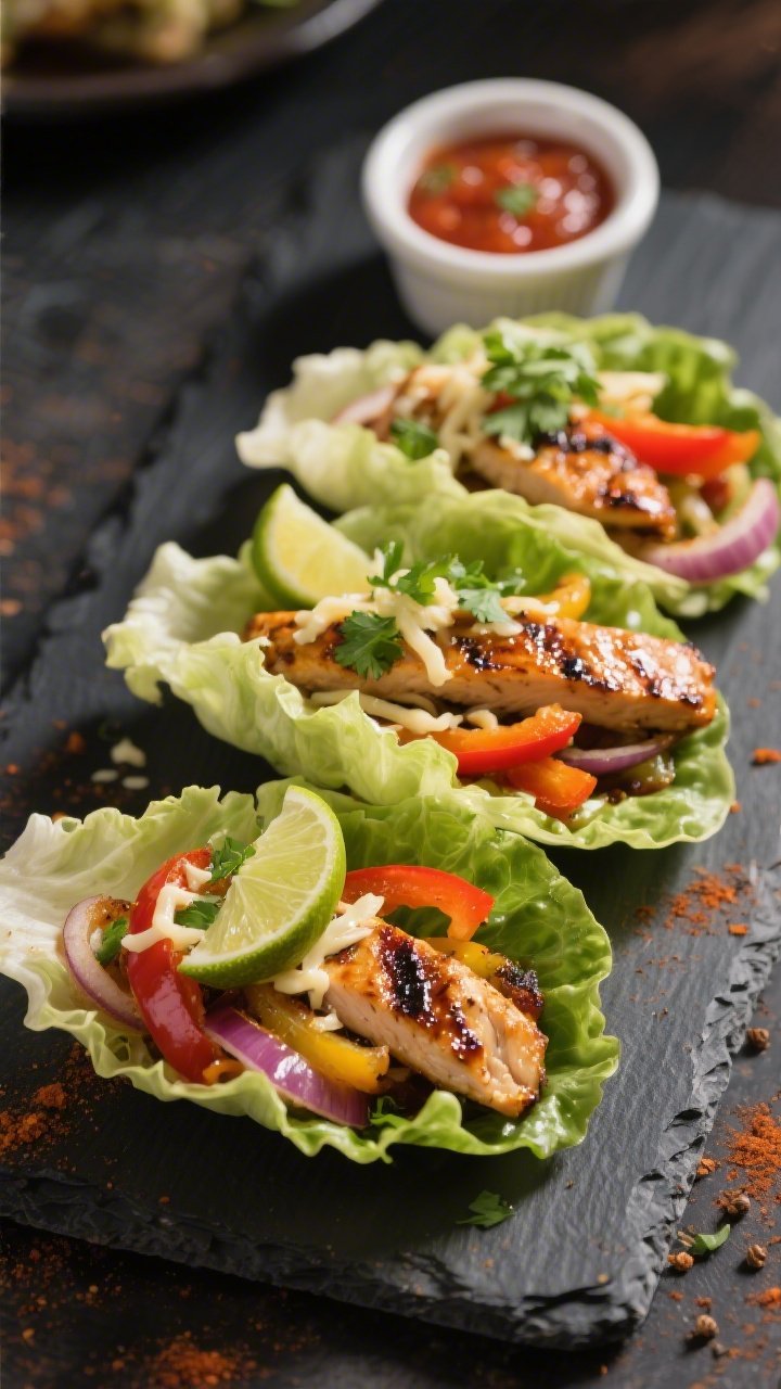 Final plated, restaurant-style: Three lettuce-cup fajitas (butter lettuce leaves) neatly filled with
