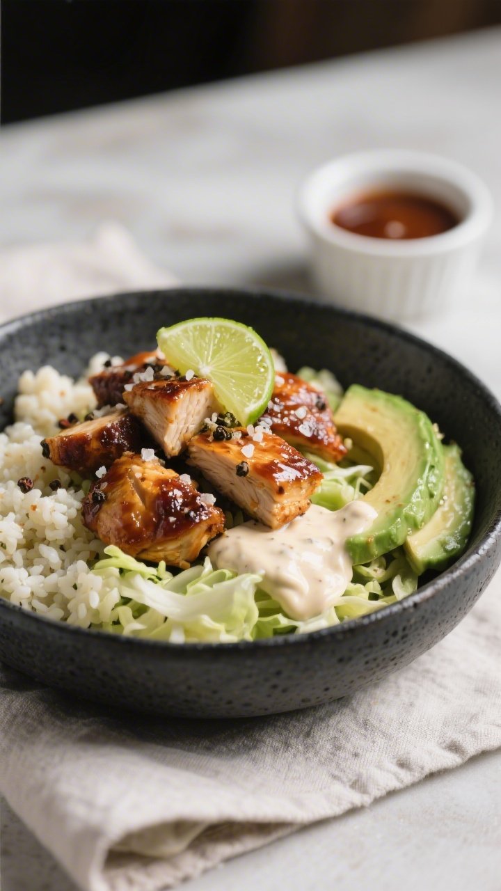 Final presentation hero: Restaurant-quality plated Keto BBQ Chicken Bowl on a charcoal stoneware pla