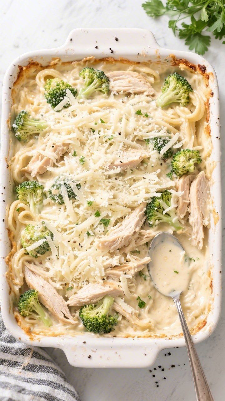 Overhead assembly and pre-bake: Tasty top-down shot of a 9x13 baking dish filled with the Keto Chick