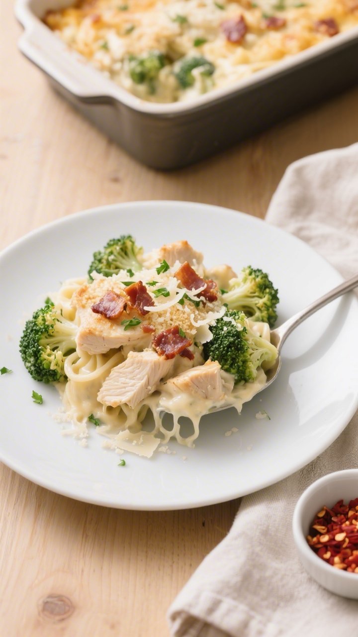 Overhead final presentation: A neatly scooped serving of Keto Chicken Bacon Alfredo Casserole plated