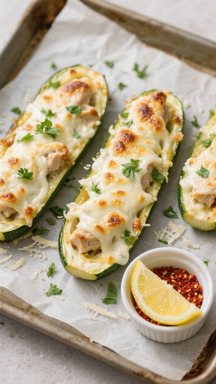 Overhead “stuffed and bubbly” shot: Keto Chicken Alfredo Zucchini Boats just out of the oven on 