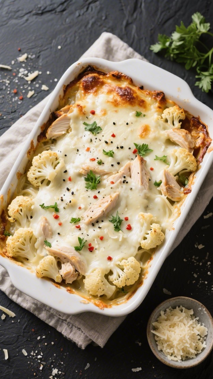 Overhead “tasty top view”: 9x13 casserole of Keto Chicken Cauliflower Alfredo Bake with an even 