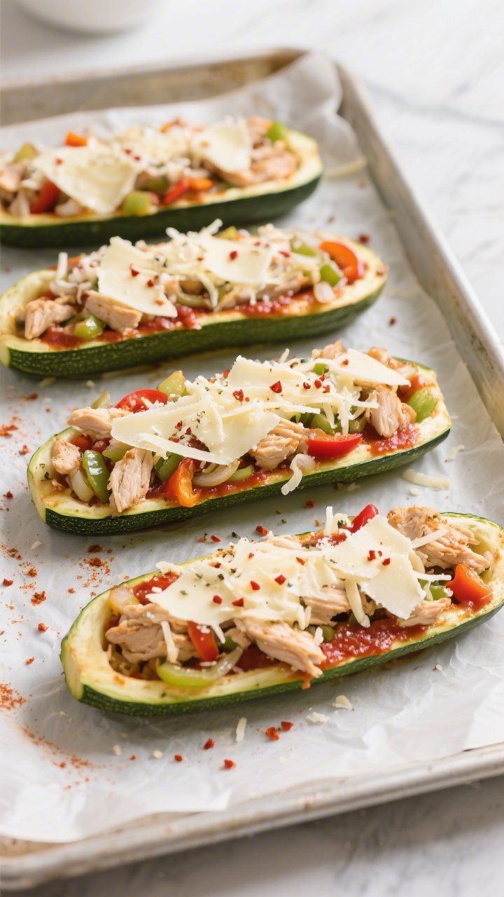 Overhead tasty top view of assembled zucchini boats on a parchment-lined sheet pan after filling but