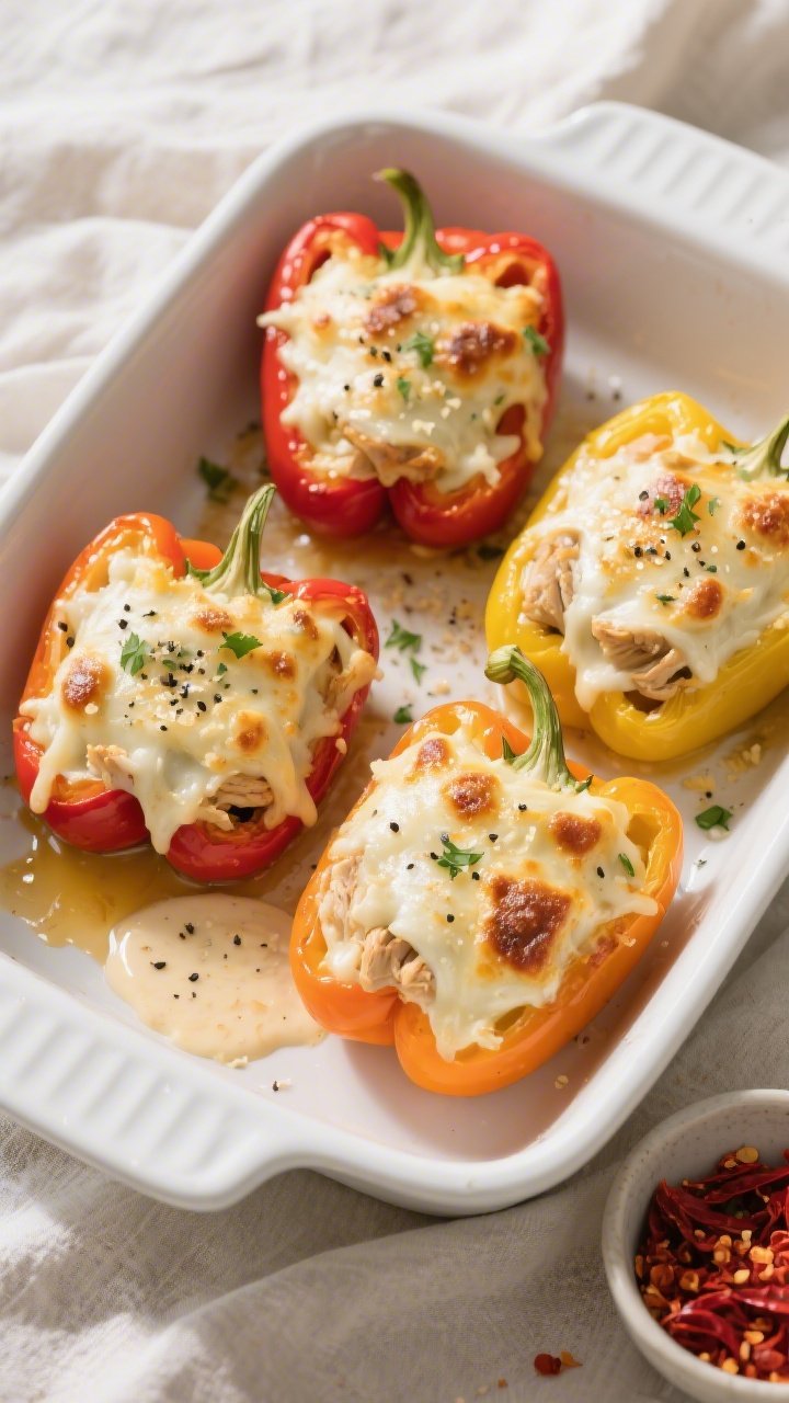 Overhead “tasty top view” of four Keto Chicken Alfredo Stuffed Peppers in a white enamel baking 