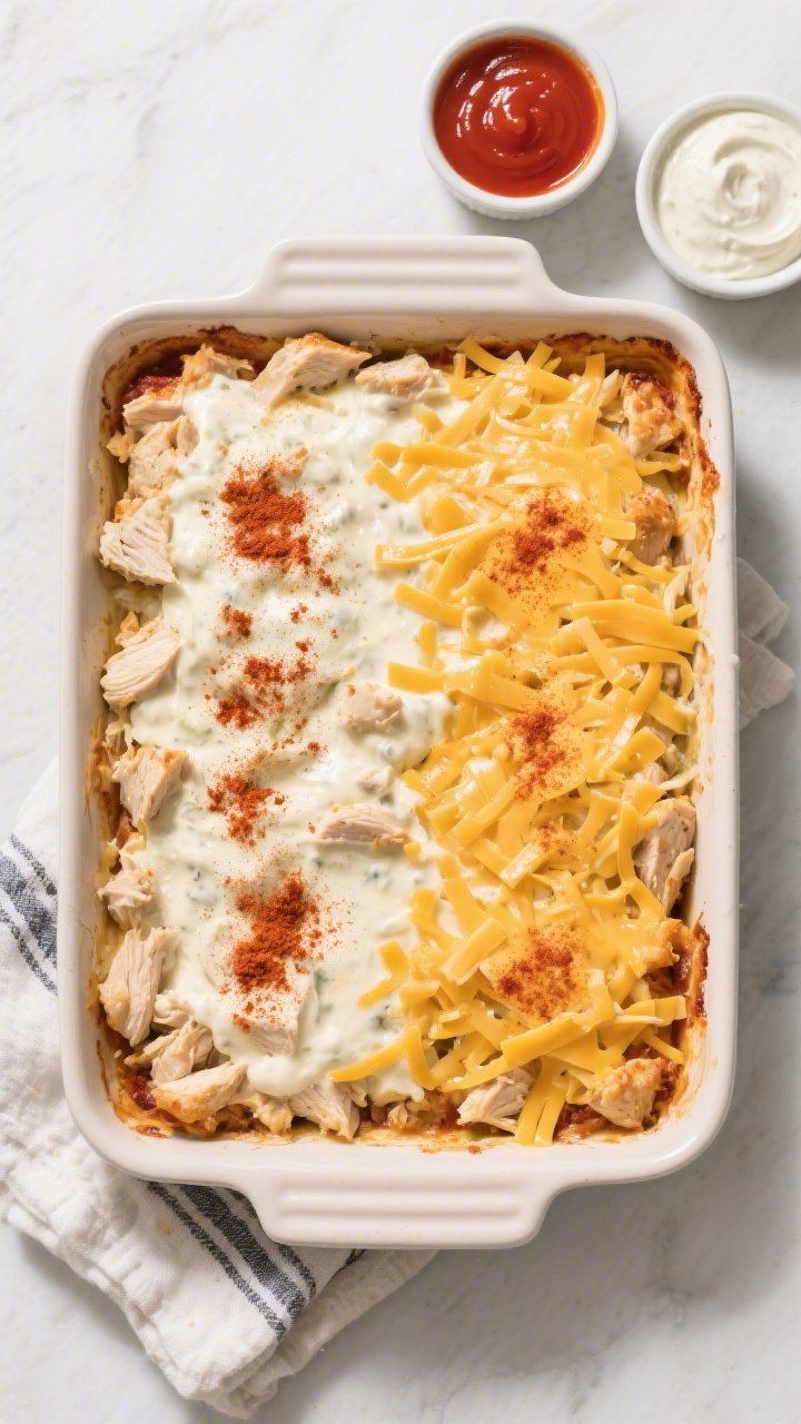 Overhead “tasty top view” of the assembled bake in a 9x13 dish right before baking: the creamy, 