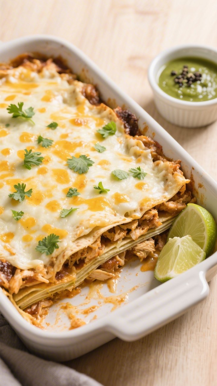 Overhead “tasty top view” of the assembled casserole in a 9x13 baking dish right after resting, 