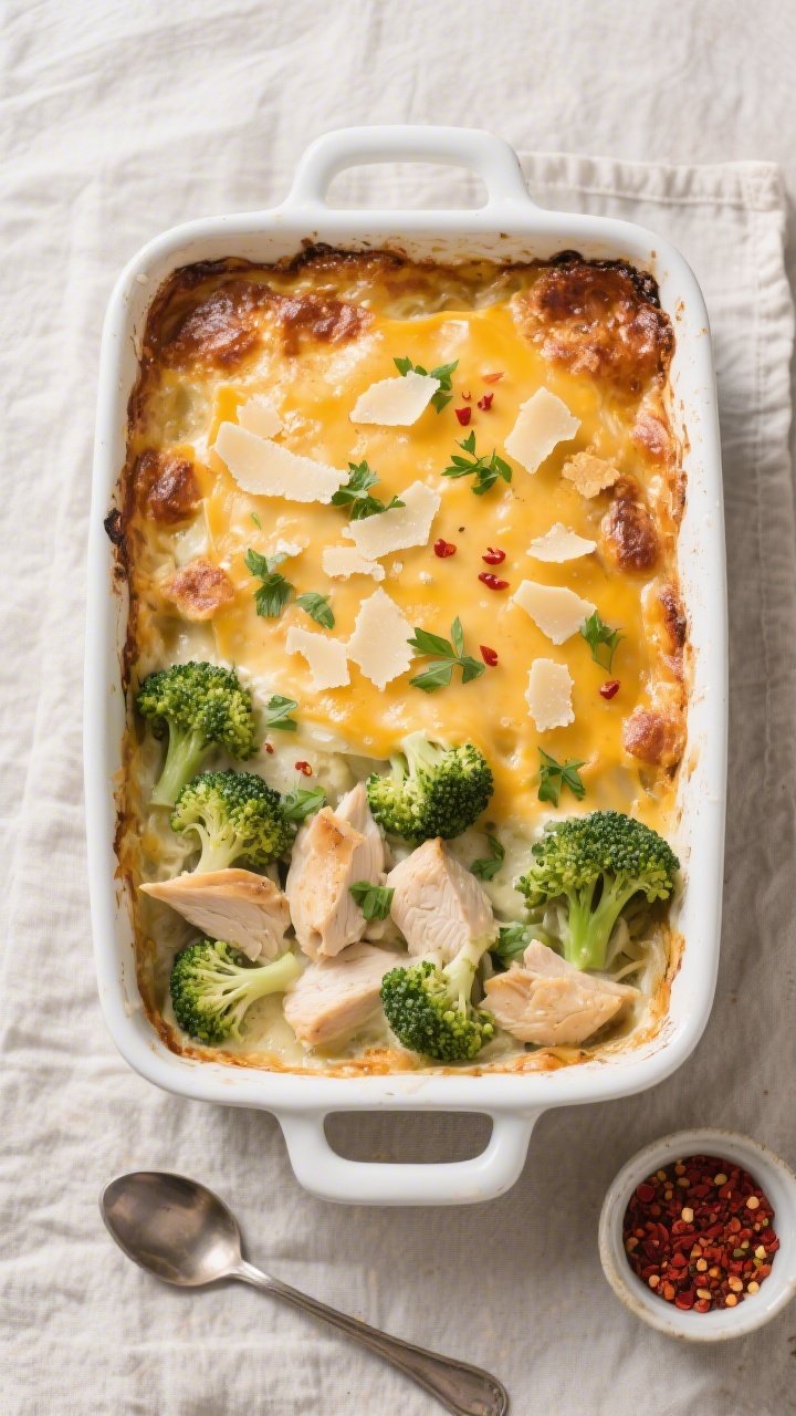 Overhead “tasty top view” of the baked casserole: A 9x13 white baking dish fresh from the oven, 