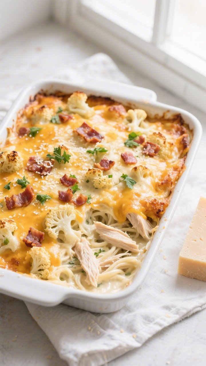 Overhead “tasty top view” of the baked casserole just out of the oven: Keto Chicken Bacon Alfred