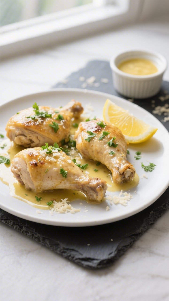 Overhead “tasty top view” of the final Keto Garlic Butter Chicken plated: two thigh pieces spoon