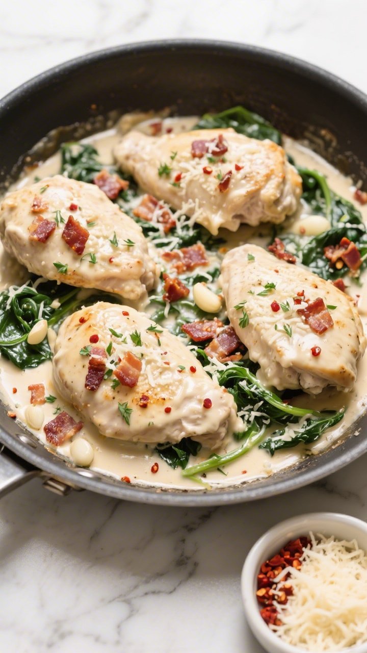 Overhead tasty top view: One-pan presentation of the finished dish in a stainless skillet—four chi