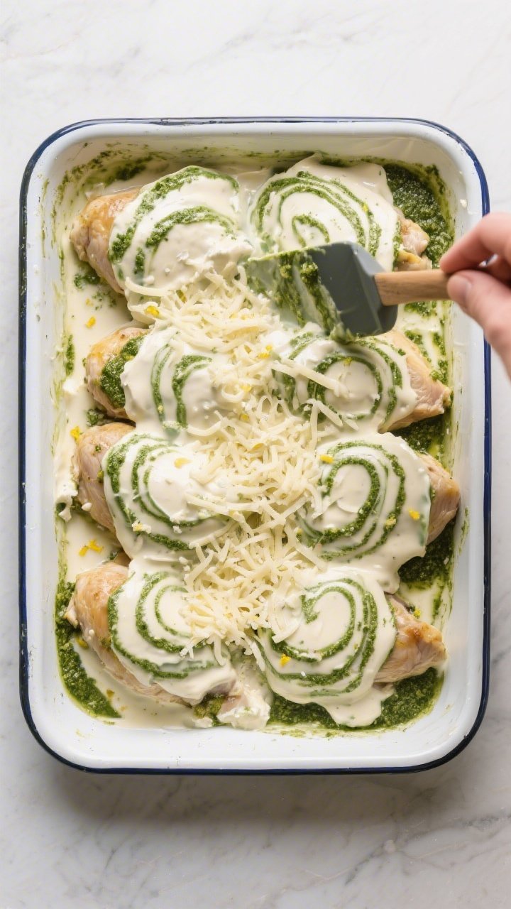 Overhead “tasty top view” process shot: Chicken pieces nestled in a 9x13 baking dish being smoth